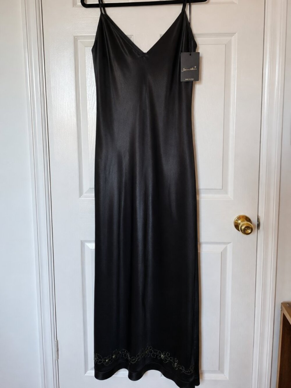 Sam Ve Made in Italy Black Satin Camisole Slip Dress Embroidered NWT